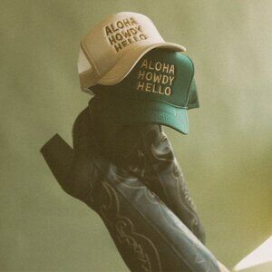 Aloha Howdy Hello Trucker Hats - Tan